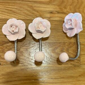 Pink Rose Wall Hooks set of 3 ceramic decor